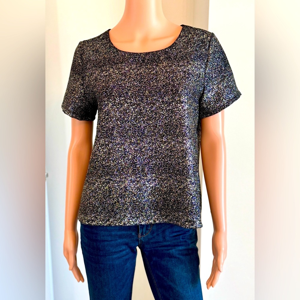 Francesca’s Sparkling Metallic Black Rocker Glam Short Sleeve Top Small